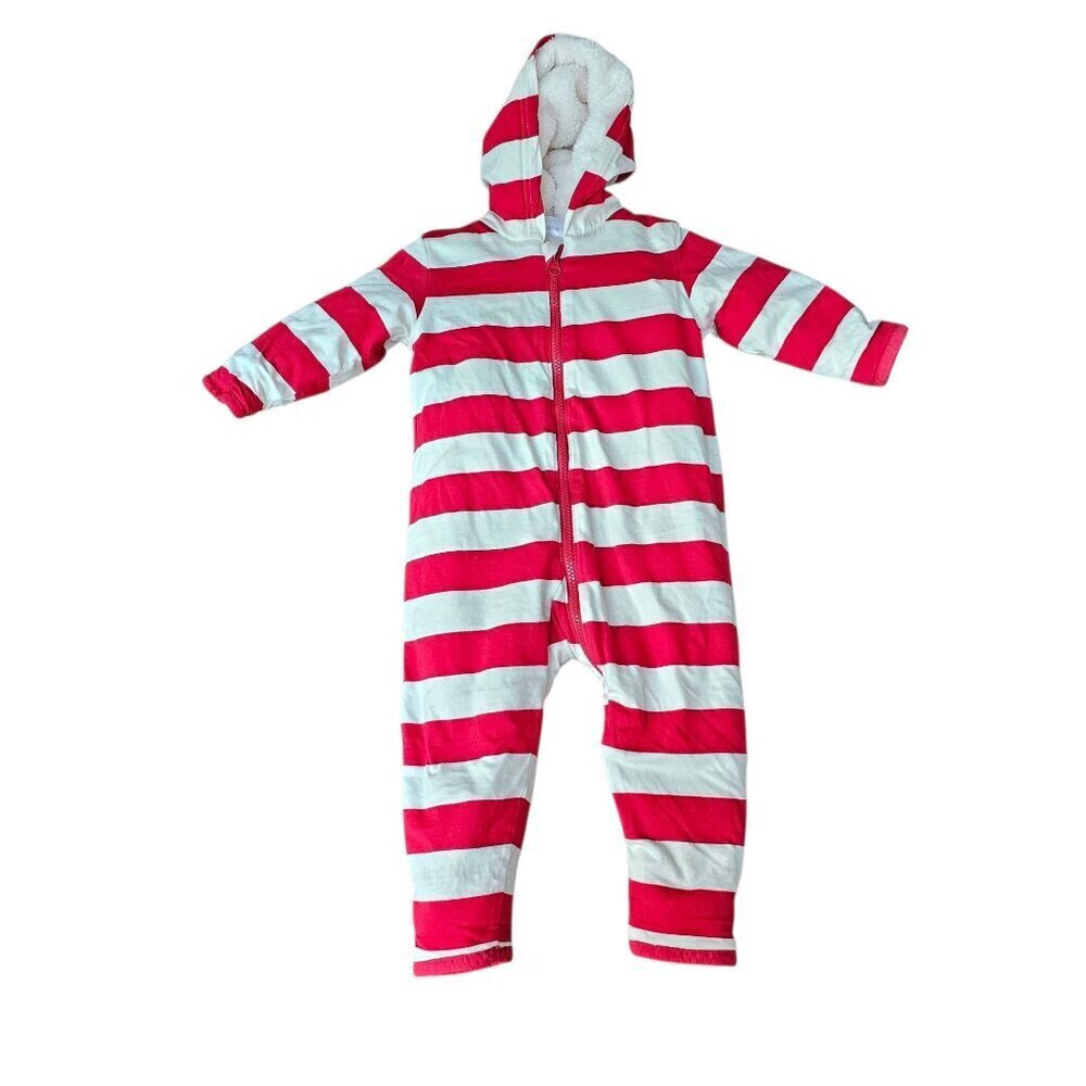 Hanna Andersson Baby Red Striped Pram Suit Fleece Hooded Romper 6-9M 70cm